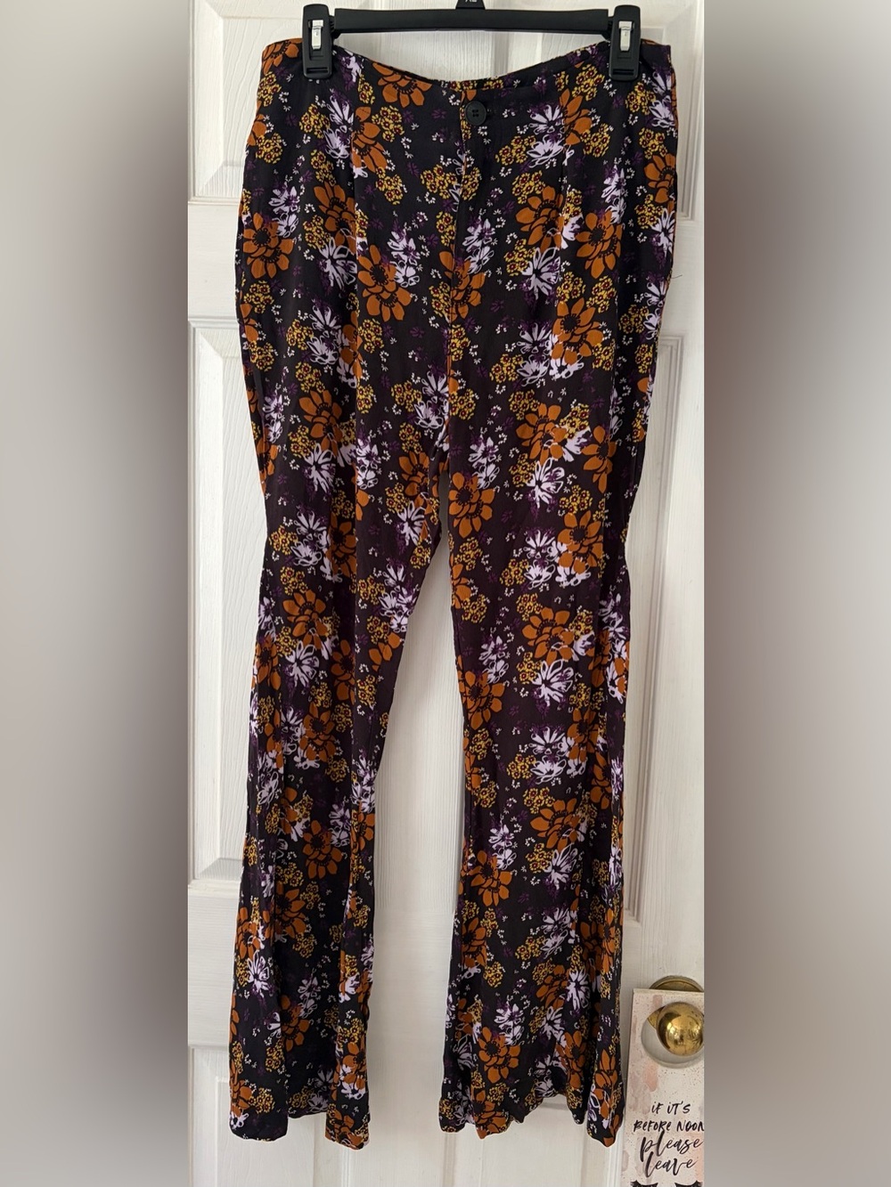 Free People Black Floral Flare Pants with Orange & Lavender Print
